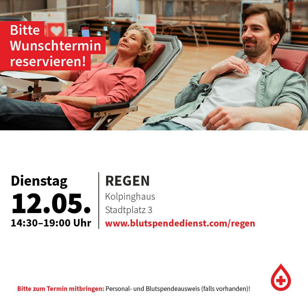 Blutspende im Kolpinghaus Regen am Dienstag, 12.05.2026